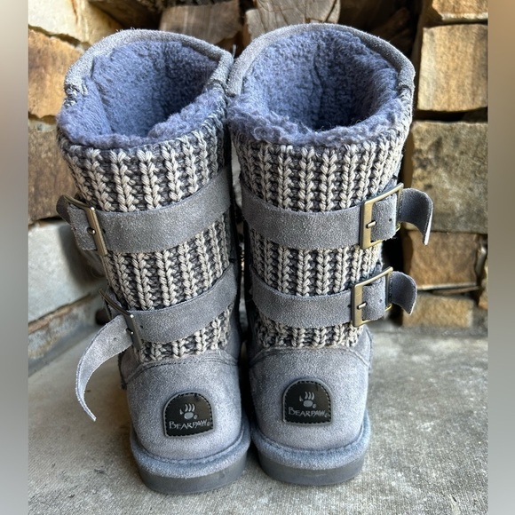 BearPaw winter Clara leather knit pull on buckle strap Grey Fog boots Sz-7. J - Picture 9 of 11